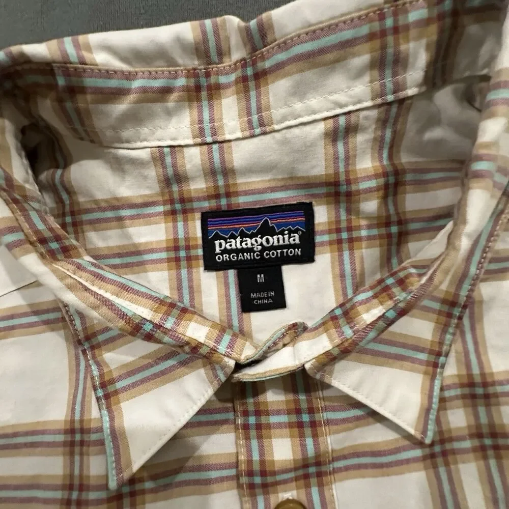 Patagonia Plaid Shirt Mens M Organic Cotton Button Up Short Sleeve Beige Brown